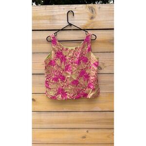 Ann May Pink Lime Green Floral Animal Print 100% Silk Tank Top Shell XL